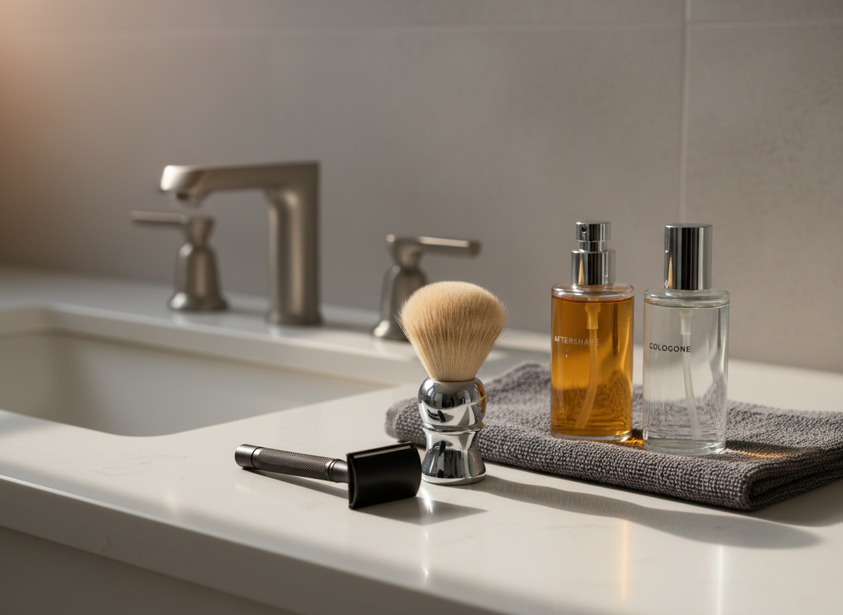 A meticulously organized bathroom vanity arranged for a modern gentleman’s grooming ritual, featuring a matte black safety razor, a classic chrome-handled shaving brush with dense badger-style bristles, glass bottles of aftershave and cologne in understated amber and clear tones, and a folded charcoal-gray hand towel with visible cotton texture. Everything rests on a smooth white stone countertop beside a rectangular sink with brushed steel fixtures. Soft morning sunlight filters through an unseen window, creating subtle reflections on the glass and metal while casting gentle shadows along the surface. Photographic realism with a clean, modern aesthetic, shot at eye level with a shallow depth of field so the background becomes a tasteful blur of neutral tiles, evoking a calm, disciplined, and sophisticated atmosphere.