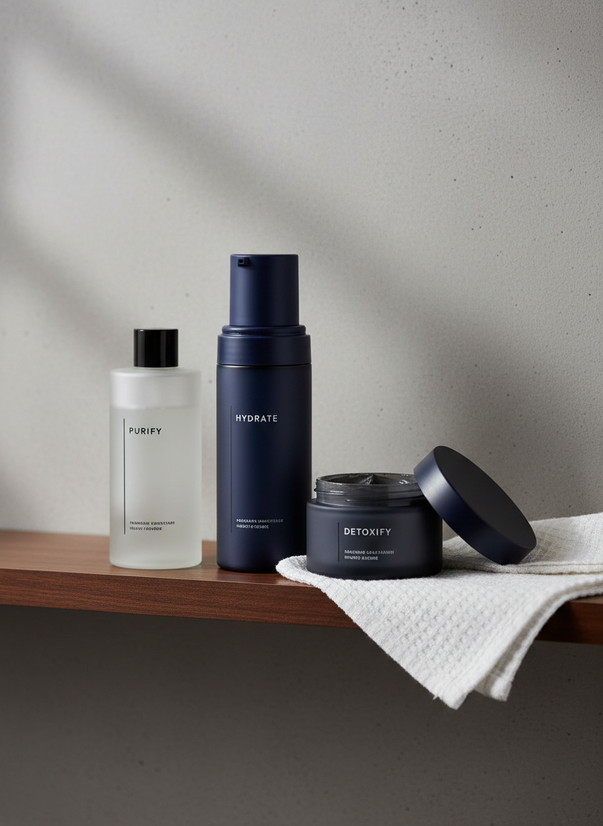 An arrangement of premium men’s skincare essentials displayed on a dark walnut shelf: a frosted glass cleanser bottle with a minimalist label, a heavyweight airless pump moisturizer in deep navy, a matte charcoal clay mask jar slightly open to reveal smooth product, and a folded white cotton face towel with finely woven texture. Behind them, a backdrop of smooth concrete wall adds understated masculinity. Soft diffused studio lighting from the left creates gentle highlights on the glass and subtle shadows that define each object’s shape. Photographic realism, shot from a slightly elevated angle using the rule of thirds, with crisp focus on the products and a softly blurred background, conveying a refined, methodical, and no-nonsense grooming mindset.