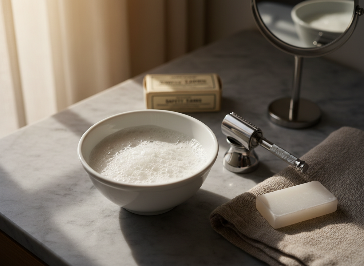 A close-up, photographic realistic still life of a traditional wet shaving setup arranged on a cool gray marble countertop. A porcelain shaving bowl holds rich, dense lather with visible microbubbles, beside a stainless-steel double-edge razor resting neatly on a small stand. Nearby, a rectangular alum block with frosted edges sits on a neatly folded, textured linen towel in muted sand color. In the background, an old-fashioned but pristine safety razor blade box and a minimal wall-mounted mirror are softly out of focus. Warm overhead lighting combines with faint natural window light, producing subtle reflections on the metal and delicate shadows around the bowl. Shot from a slightly angled top-down perspective, the mood is ritualistic, calm, and disciplined, emphasizing precision and tradition in grooming.